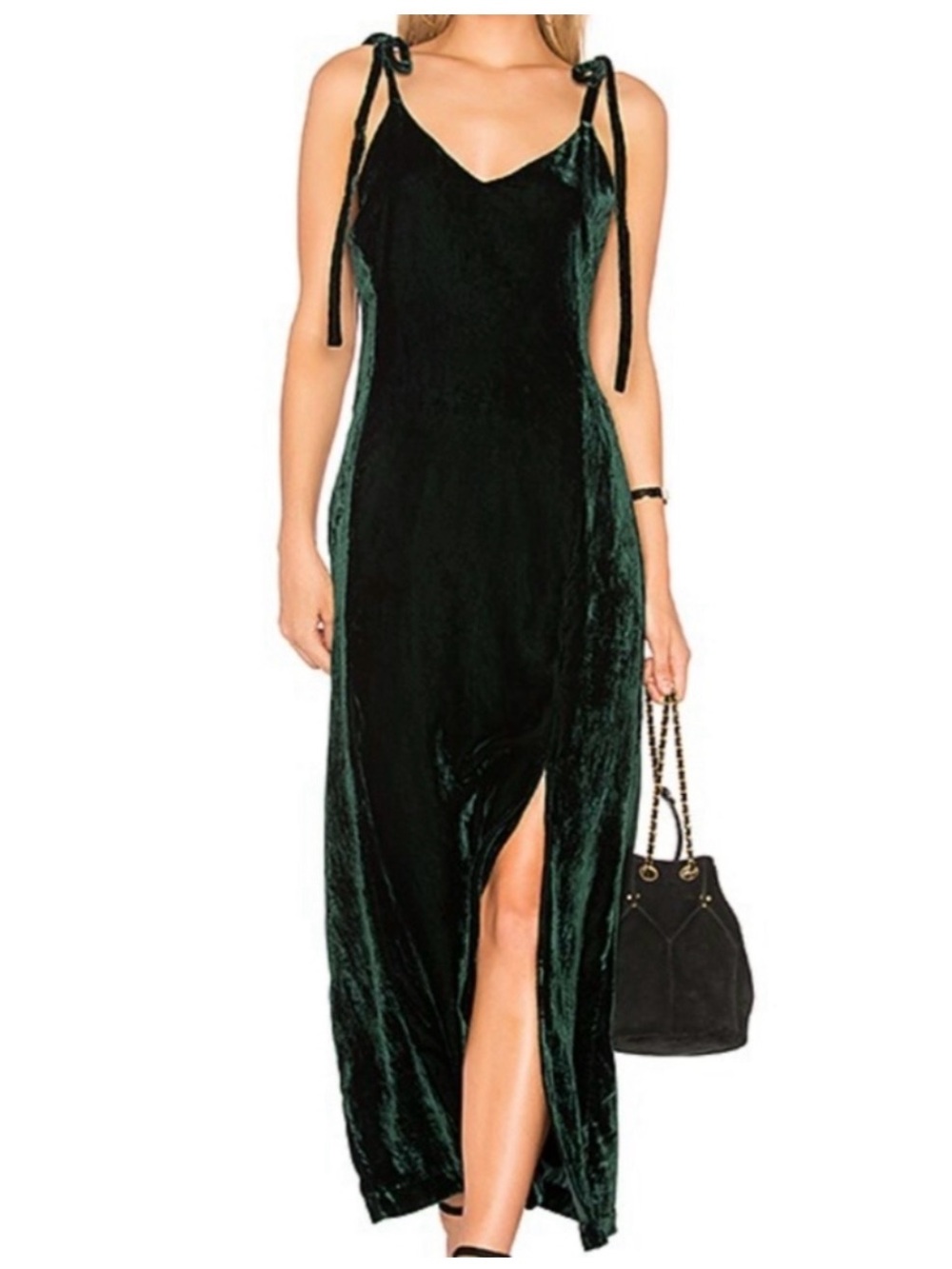 J.O.A. Velvet Midi Dress in Dark Green with Tie Shoulders